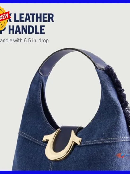 Medium Hobo Shoulder Bag, Frayed Denim with Horseshoe Logo, Lightweight Cotton - Picture 5 of 7